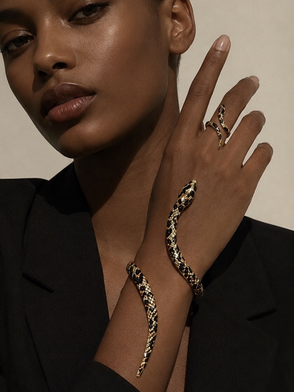 Gold and Black Snake Wrap Ring and Bracelet Set